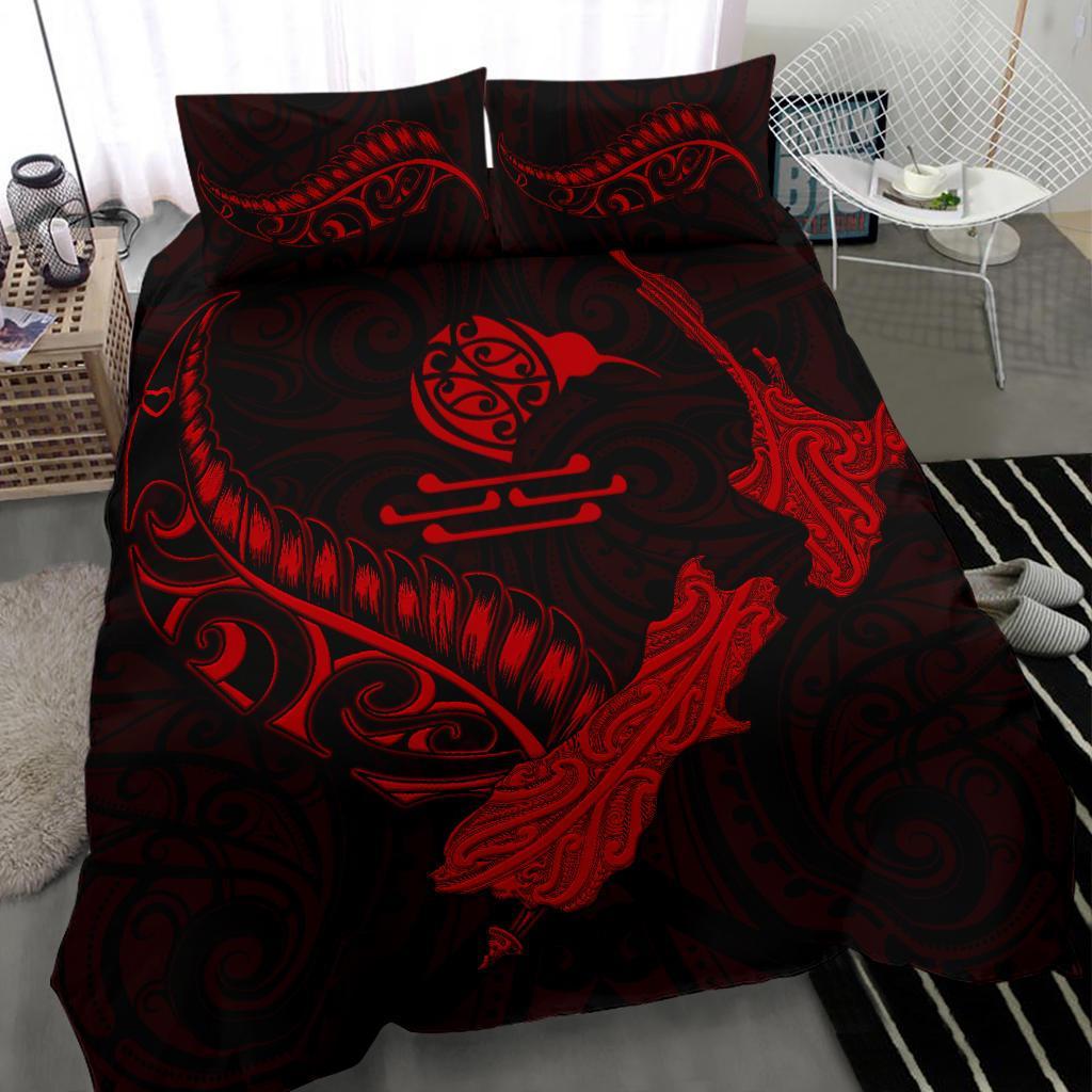 New Zealand Heart Bedding Set - Map Kiwi Mix Silver Fern Red - Vibe Hoodie Shop