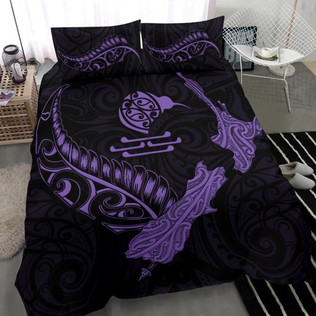 New Zealand Heart Bedding Set - Map Kiwi Mix Silver Fern Pastel Purple - Vibe Hoodie Shop