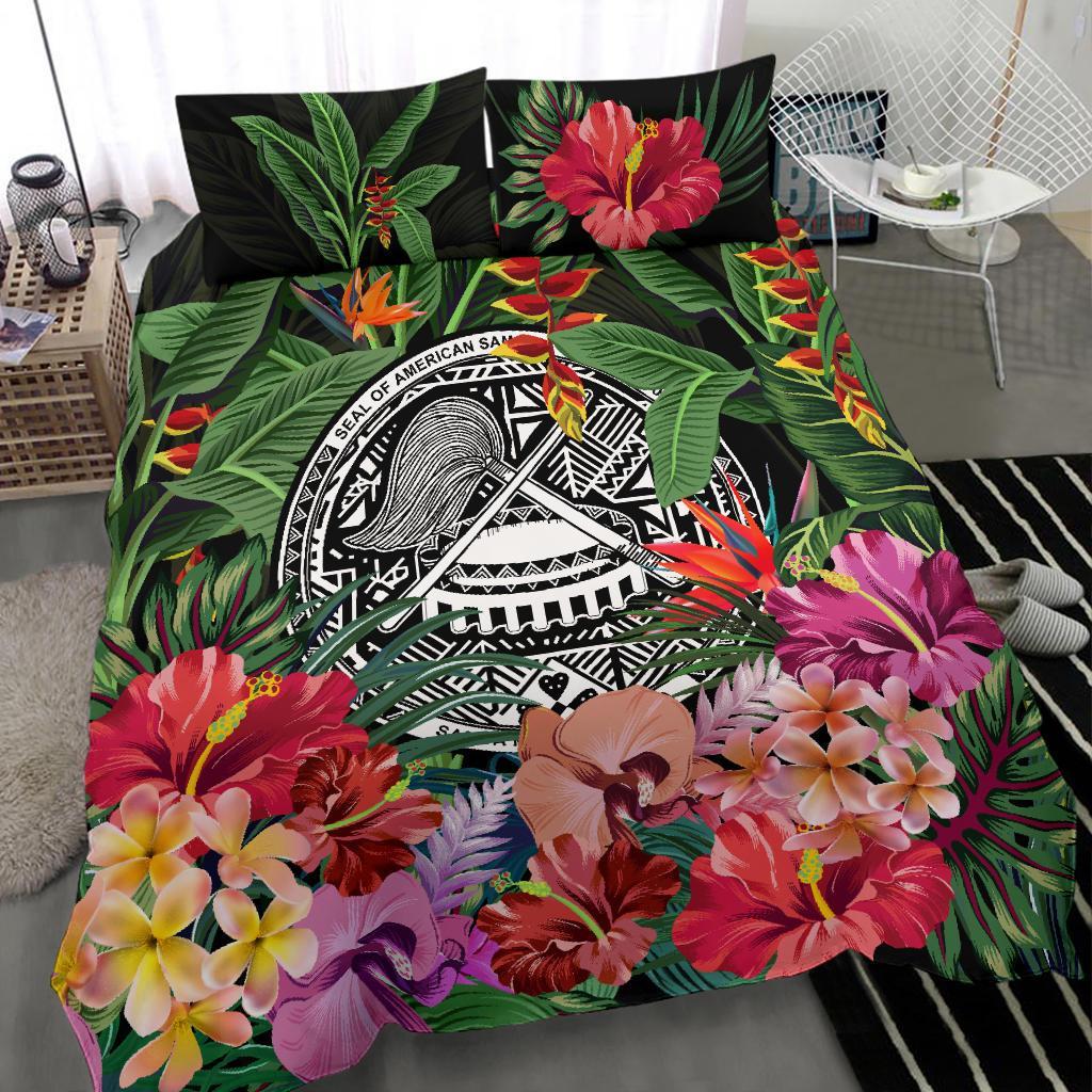 American Samoa Bedding Set - Coat Of Arms Tropical Flowers And Banana Leaves - Vibe Hoodie Shop