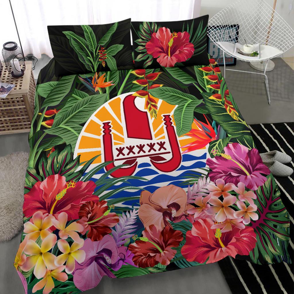 Tahiti Bedding Set - Coat Of Arms Tropical Flowers And Banana Leaves - Vibe Hoodie Shop