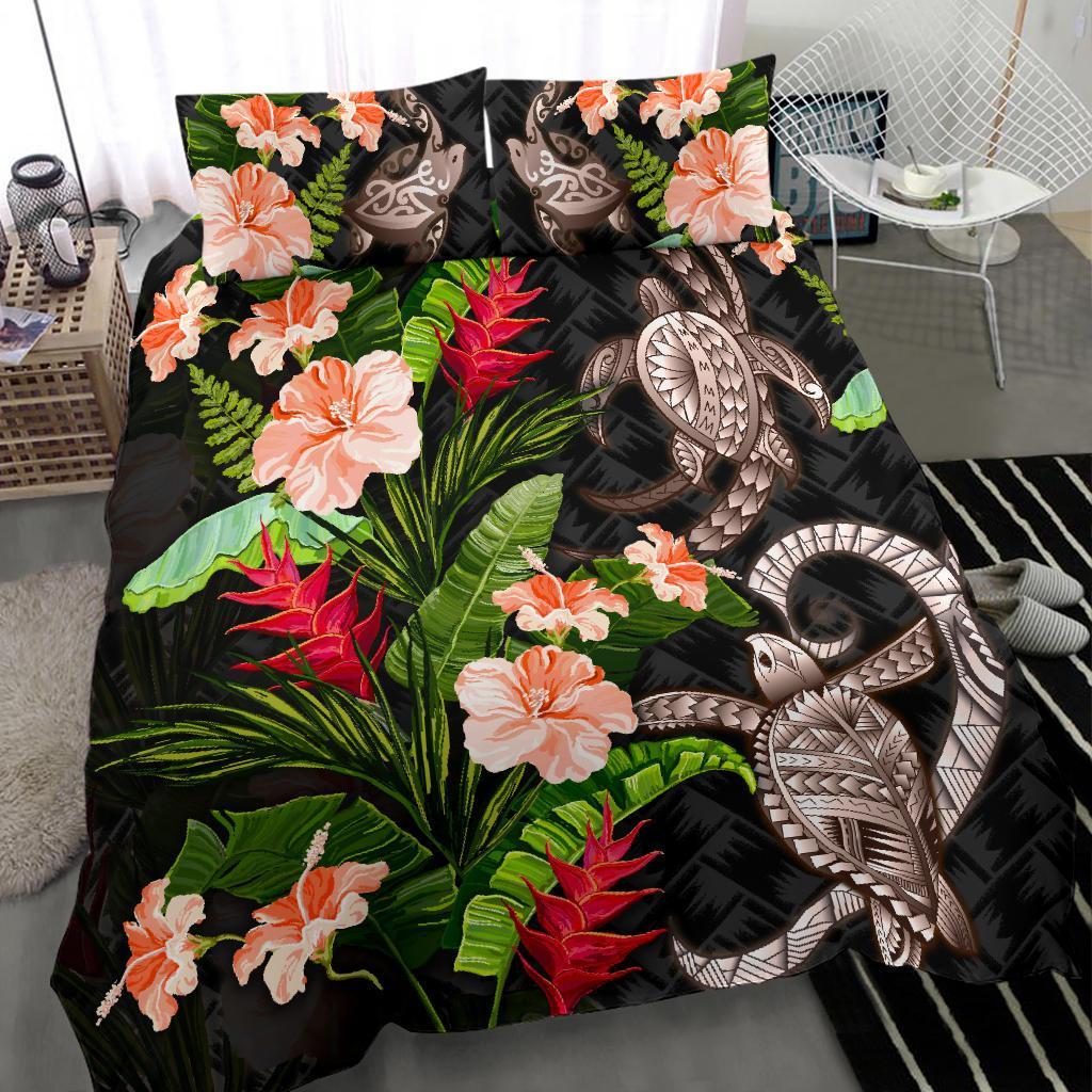 Turtle Polynesian Bedding Set Palm Leaf Hibiscus - Vibe Hoodie Shop