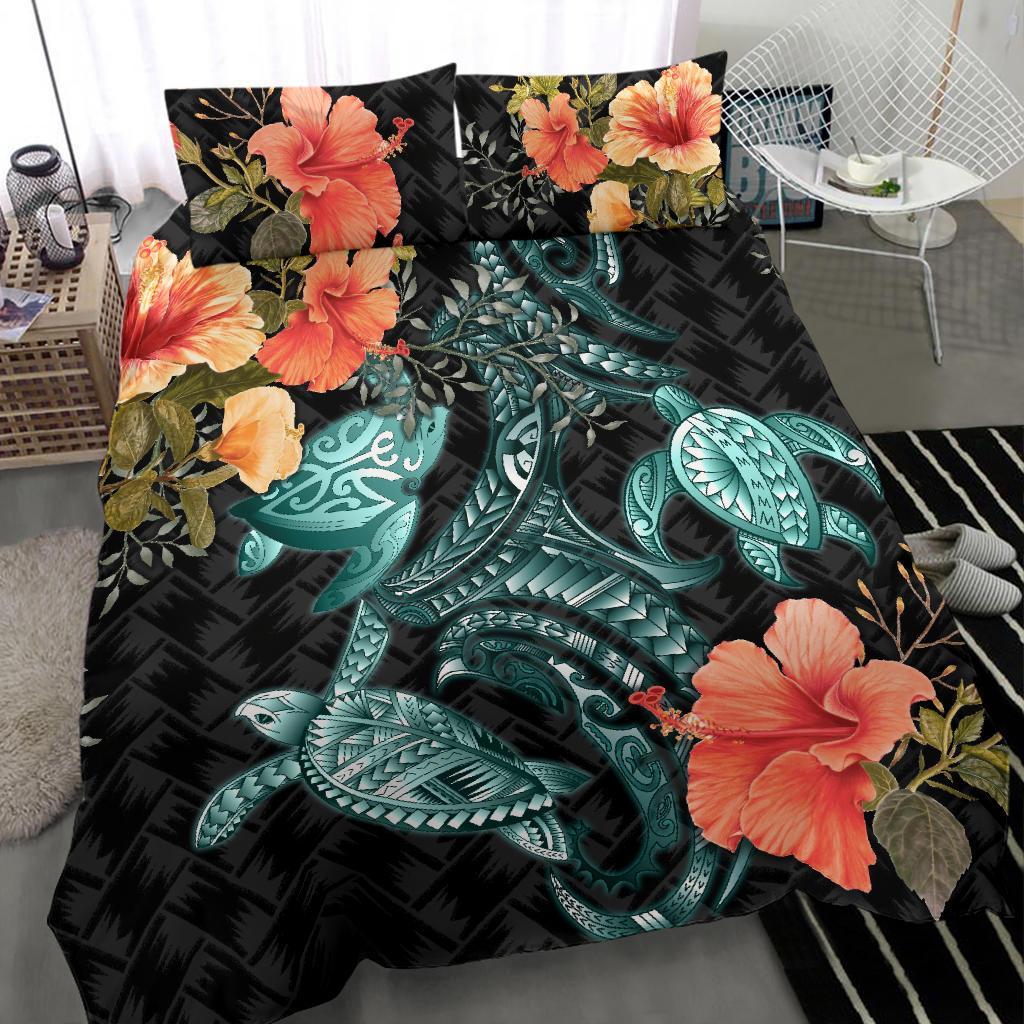 Turtle Mix Hibiscus Bedding Set Polynesian Duvet Cover - Vibe Hoodie Shop