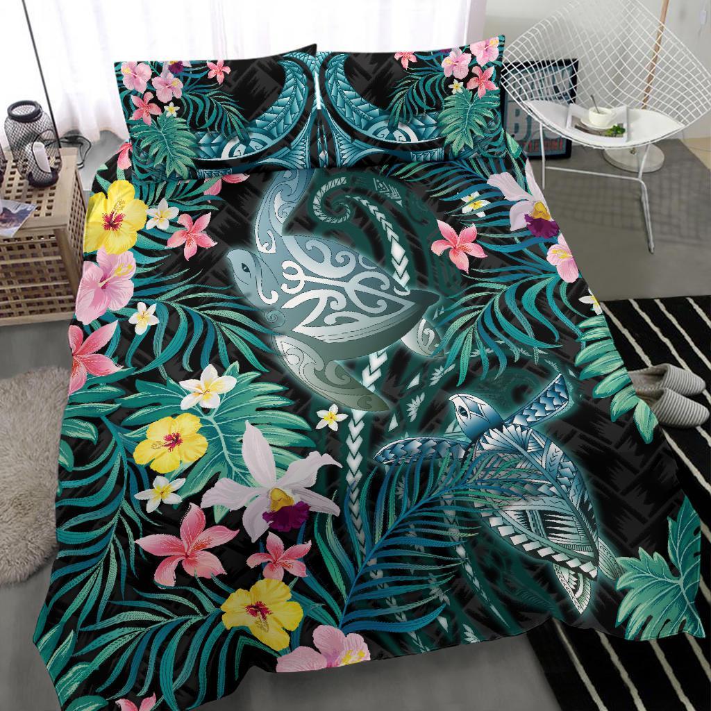 Turtles Love Bedding Set Hibiscus With Palm Leaves - Vibe Hoodie Shop