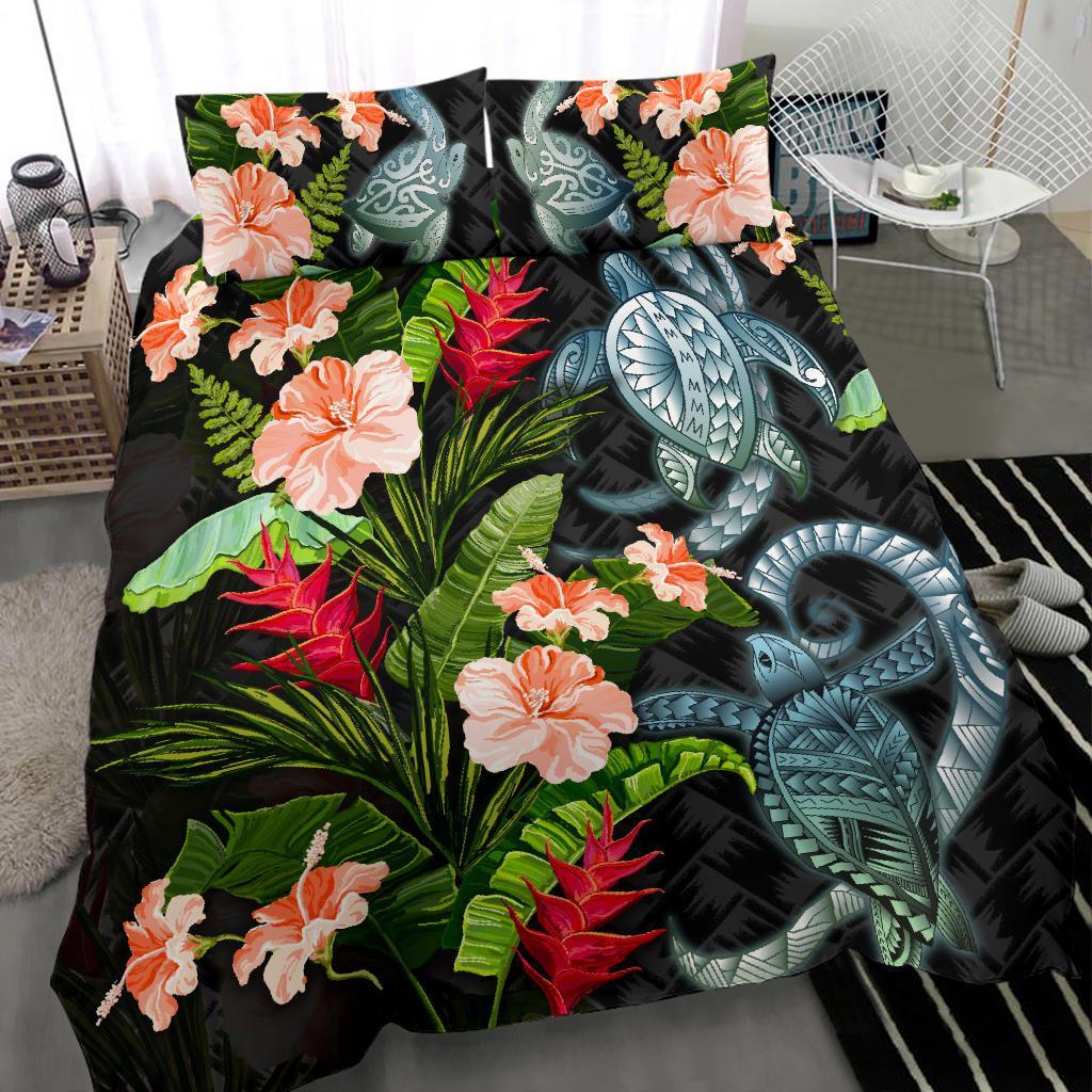 Turtle Bedding Set Palm Leaves Mix Hibiscus - Vibe Hoodie Shop