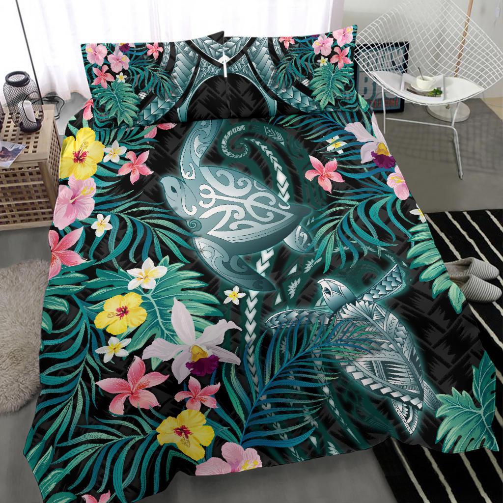 Turtle Bedding Set Hibiscus Palm Leaves Duvet Cover And Pillow Case - Vibe Hoodie Shop