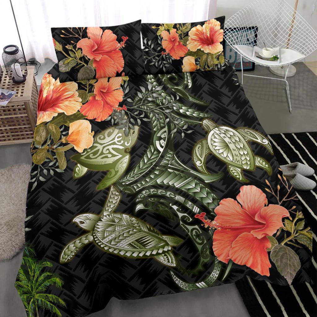 Three Turtle Bedding Set Polynesian Hibiscus Duvet Cover And Pillow Case - Vibe Hoodie Shop