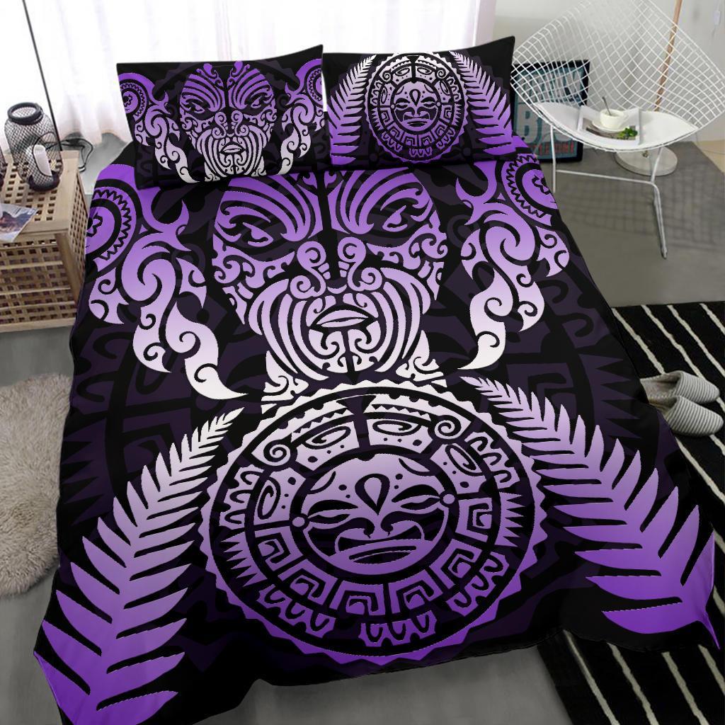 Maori Face Fern New Zealand Bedding Set Purple - Vibe Hoodie Shop