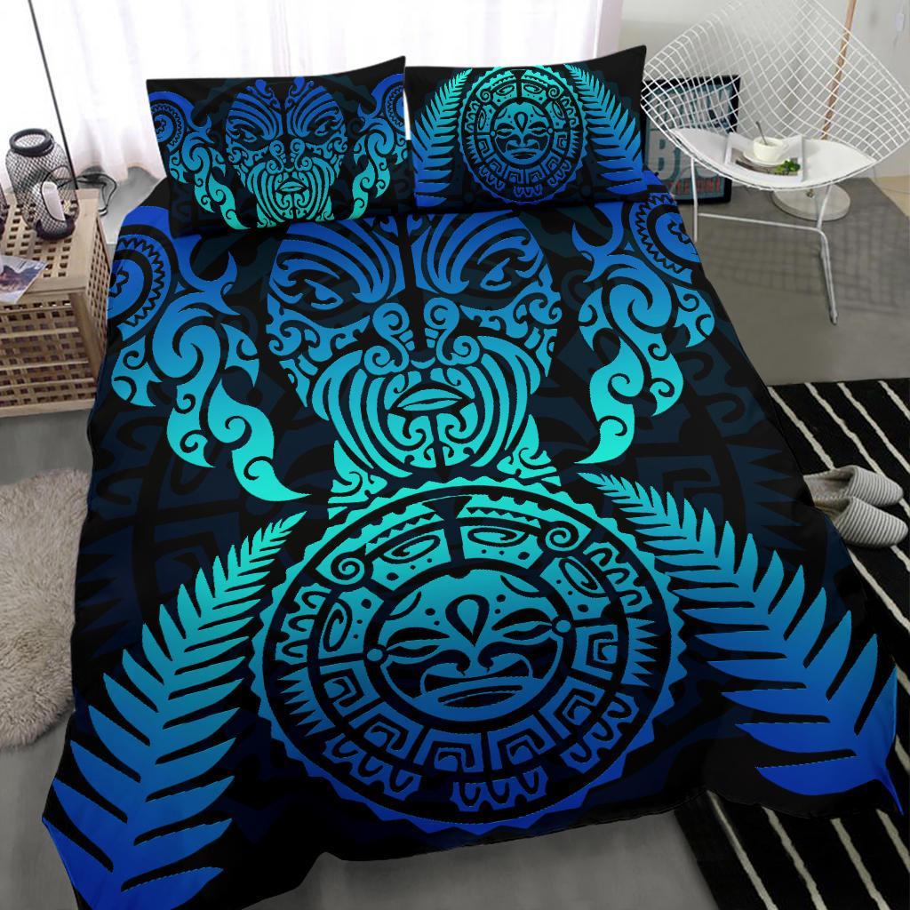 Maori Face Fern New Zealand Bedding Set Blue - Vibe Hoodie Shop