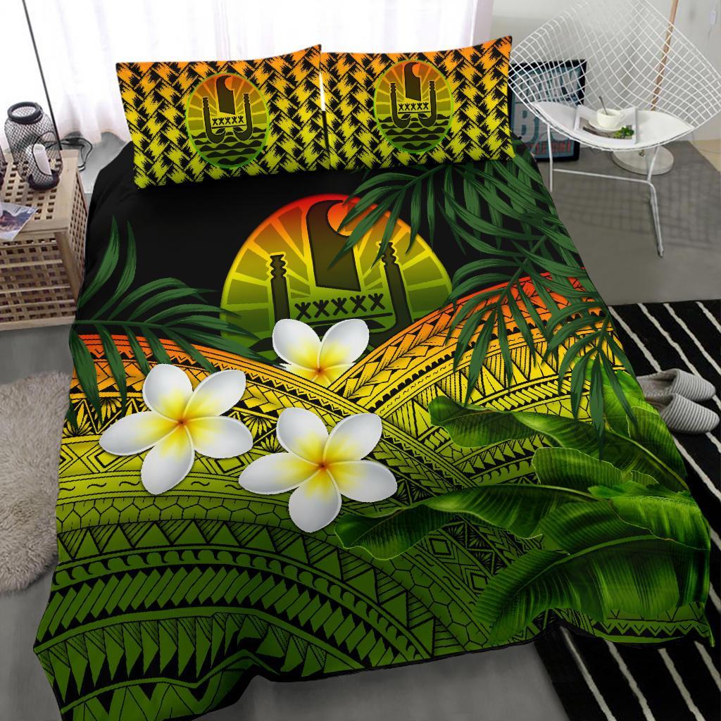 Tahiti Bedding Set, Polynesian Plumeria Banana Leaves Reggae - Vibe Hoodie Shop