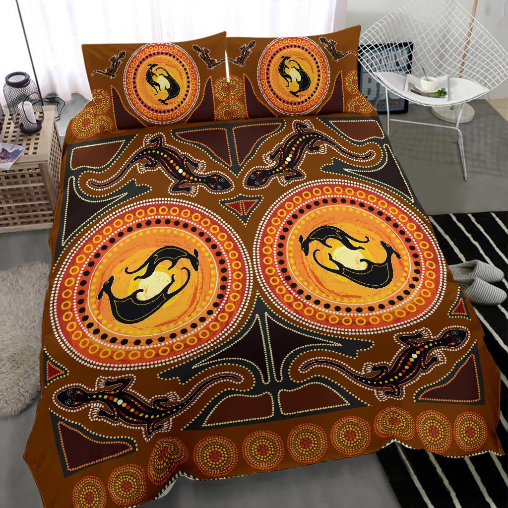 Aboriginal Bedding Set Kangaroo and Lizard with Dots Pattern - Vibe Hoodie Shop