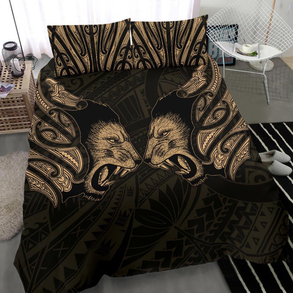 Double Lion Maori Tattoo Bedding Set New Zealand - Gold - Vibe Hoodie Shop