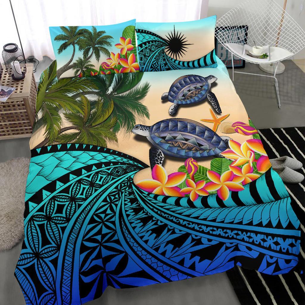 Marshall Islands Bedding Set - Polynesian Turtle Coconut Tree And Plumeria - Vibe Hoodie Shop