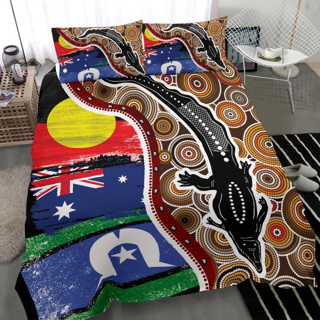 Aboriginal Bedding Set - Indigenous Crocodile With NAIDOC Week 2022 Flags - Vibe Hoodie Shop