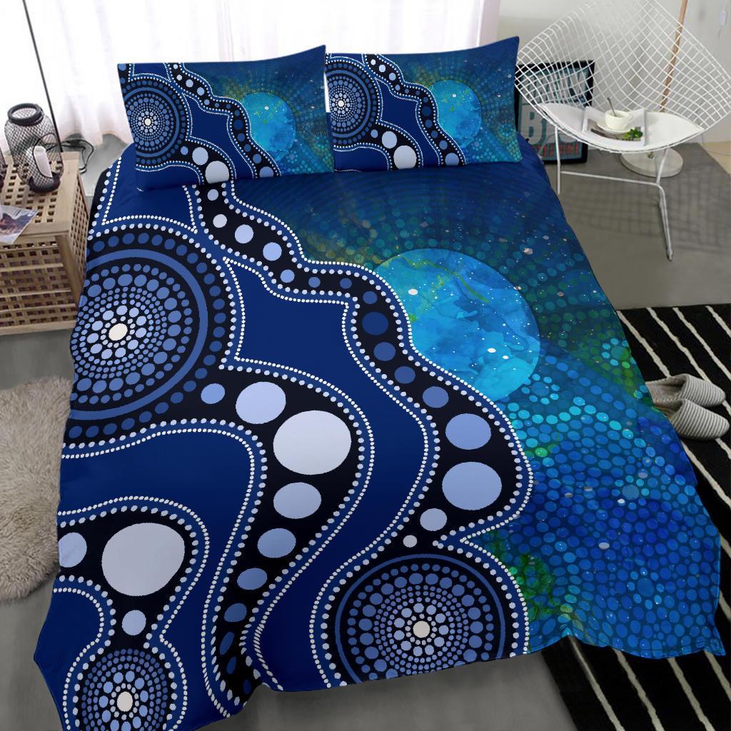 Aboriginal Bedding Set - Australia Indigenous Flag Circle Dot Painting Art (Blue) - Vibe Hoodie Shop