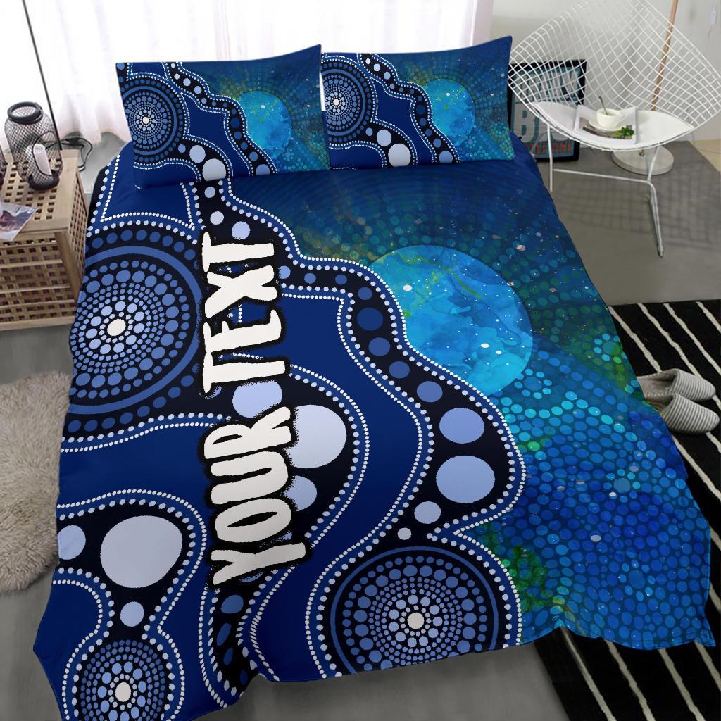 Custom Text Aboriginal Bedding Set - Australia Indigenous Flag Circle Dot Painting Art (Blue) - Vibe Hoodie Shop