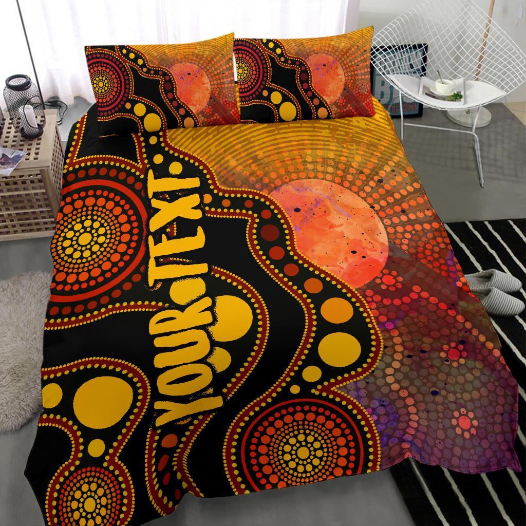 Custom Text Aboriginal Bedding Set - Australia Indigenous Flag Circle Dot Painting Art (Golden) - Vibe Hoodie Shop