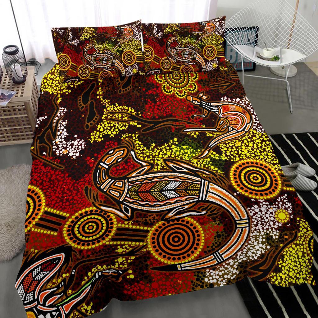 Aboriginal Bedding Set, Kangaroo and Lizard Dot Painting Art - Vibe Hoodie Shop