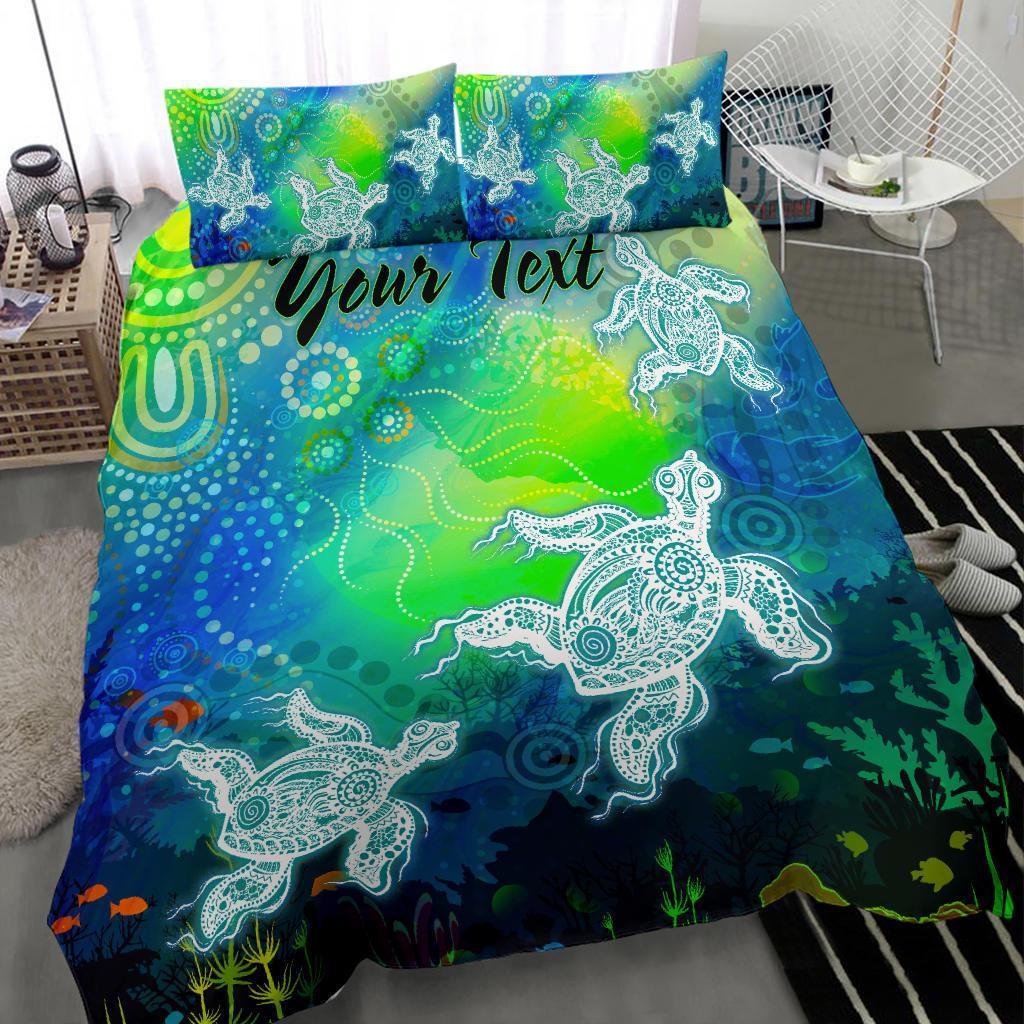 Custom Text Aboriginal Bedding Set - Indigenous Turtle Ocean Dot Painting Art - Vibe Hoodie Shop