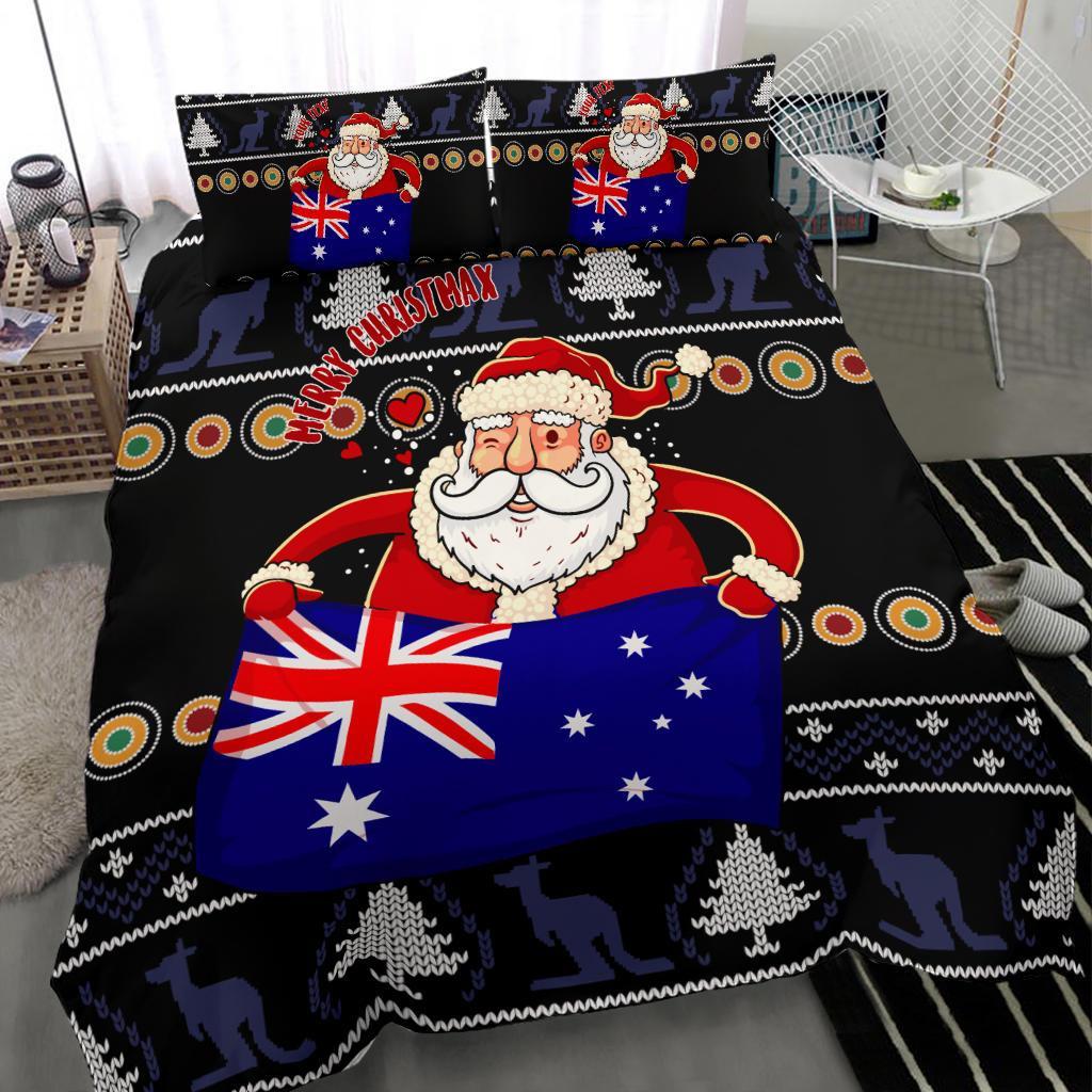 Christmas Personalised Bedding Set - Australia Santa Claus Hold The Flag (Black) - Vibe Hoodie Shop