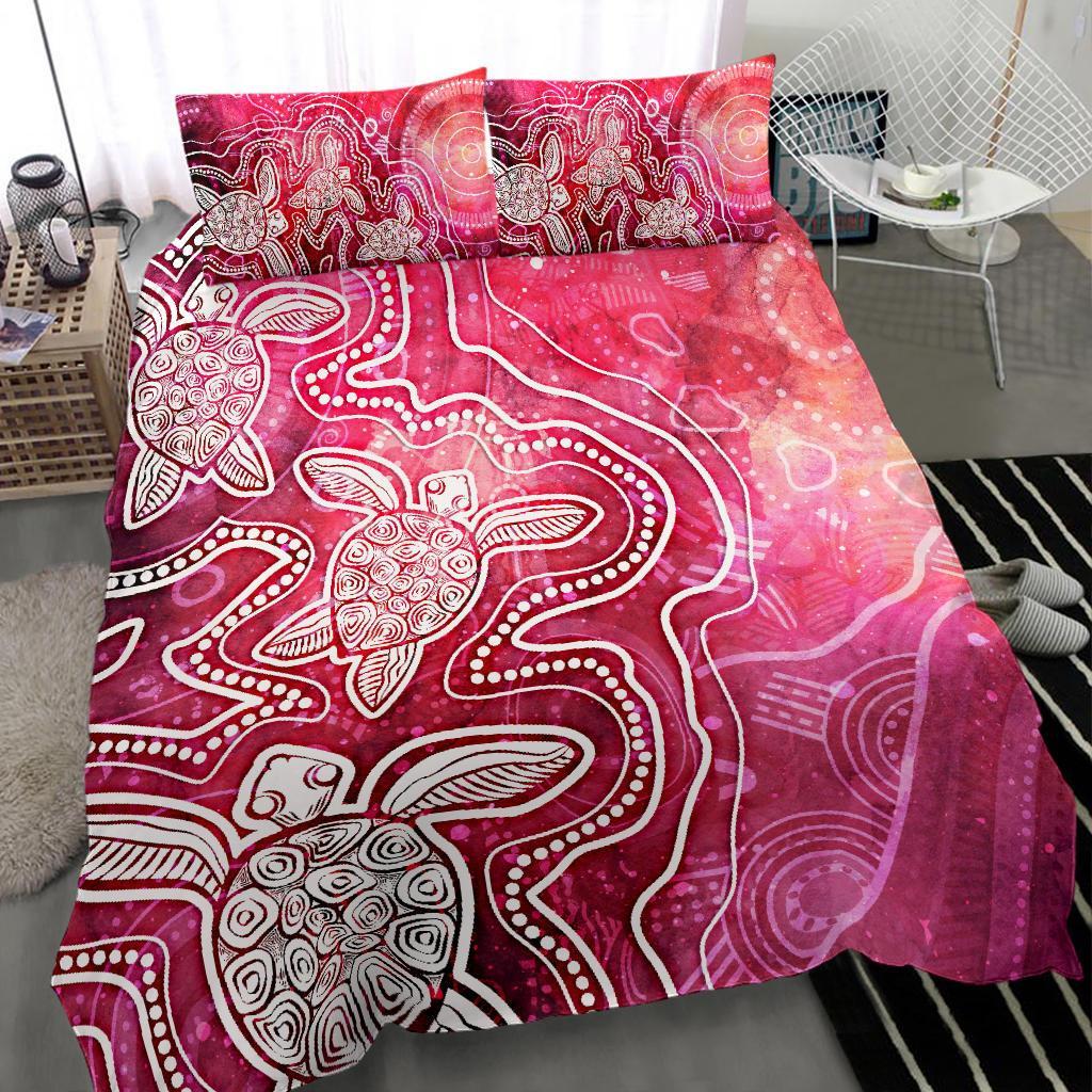 Aboriginal Bedding Set - Sea Turtle With Indigenous Patterns (Pink) - Vibe Hoodie Shop