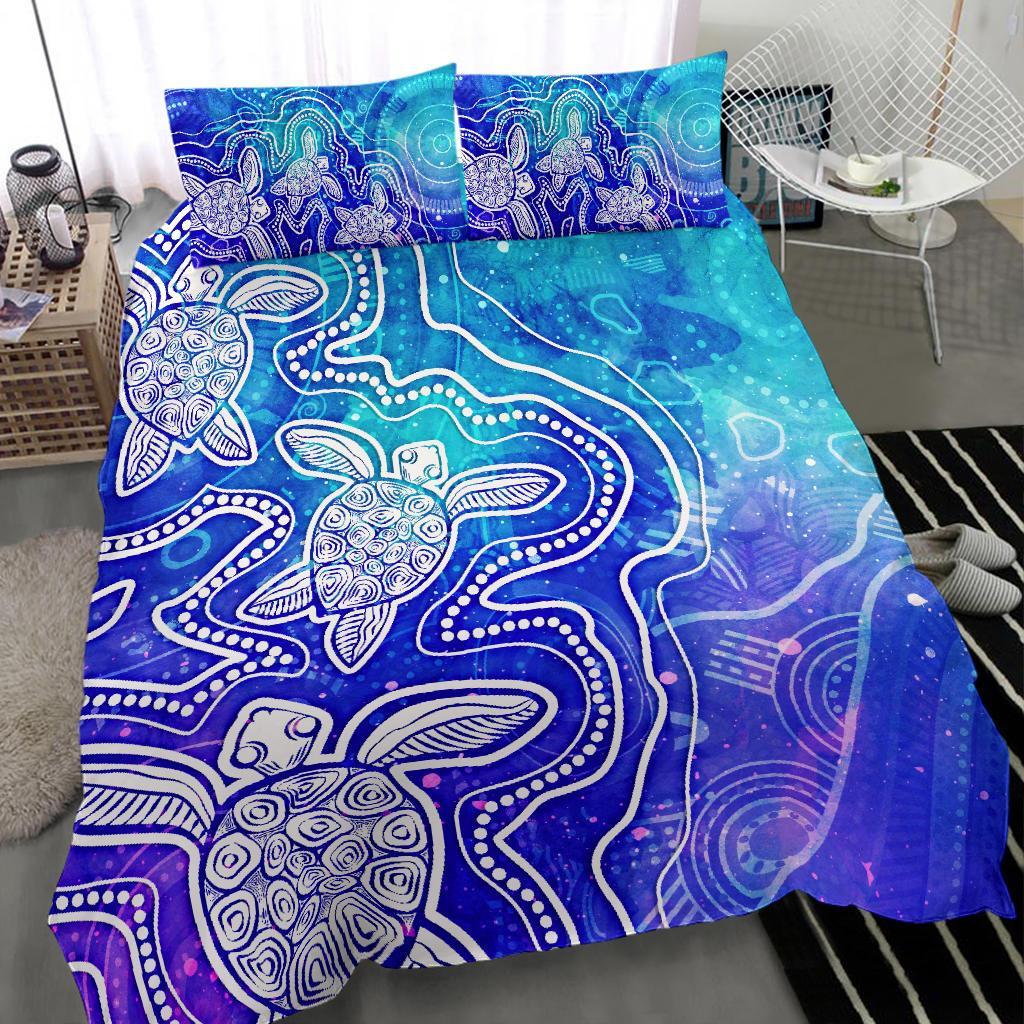 Aboriginal Bedding Set - Sea Turtle With Indigenous Patterns (Blue) - Vibe Hoodie Shop