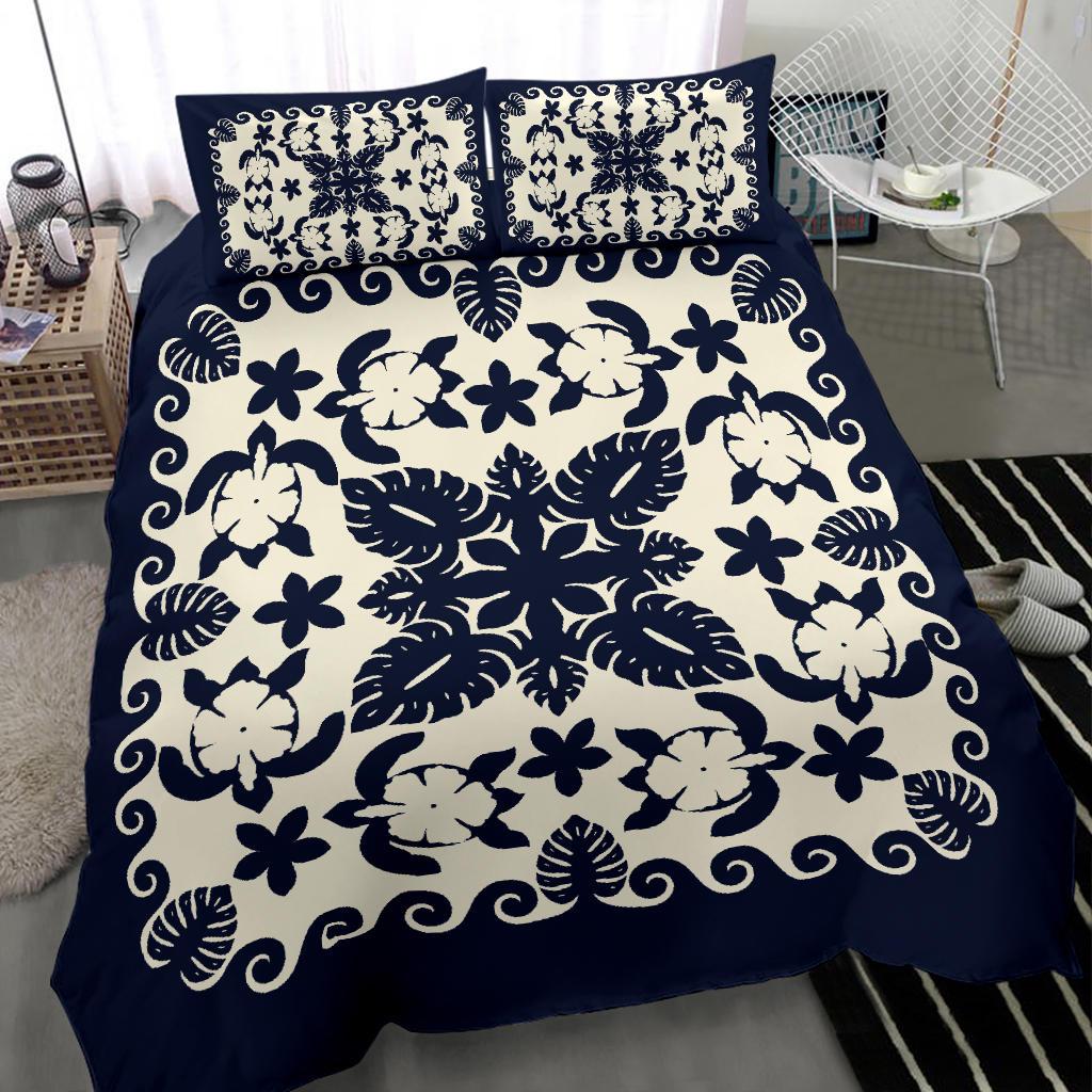 Turtle with Hibiscus Royal Navy Bedding Set Palm Leaf - Vibe Hoodie Shop