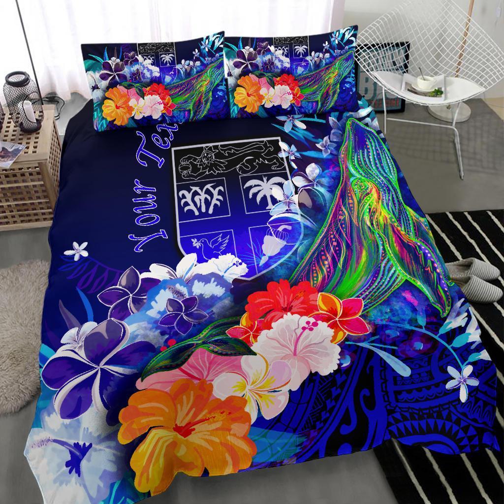 Fiji Custom Personalised Bedding Set - Humpback Whale with Tropical Flowers (Blue) - Vibe Hoodie Shop