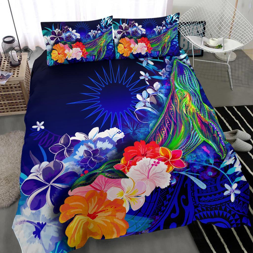 Marshall Islands Bedding Set - Humpback Whale with Tropical Flowers (Blue) - Vibe Hoodie Shop