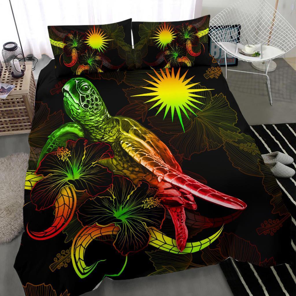 Marshall Islands Polynesian Bedding Set - Turtle With Blooming Hibiscus Reggae - Vibe Hoodie Shop