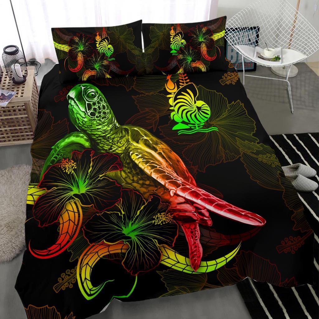 New Caledonia Polynesian Bedding Set - Turtle With Blooming Hibiscus Reggae - Vibe Hoodie Shop