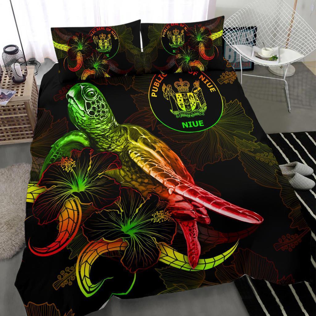 Niue Polynesian Bedding Set - Turtle With Blooming Hibiscus Reggae - Vibe Hoodie Shop