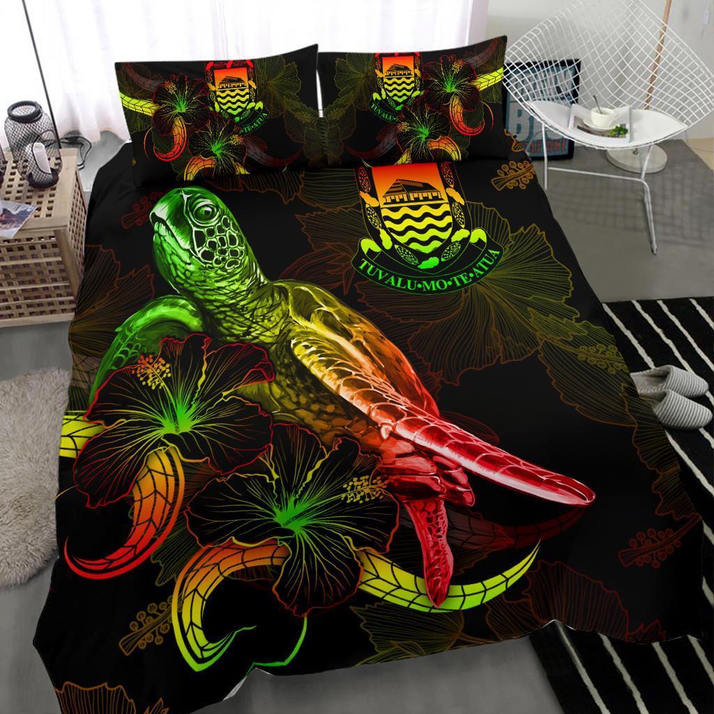 Tuvalu Polynesian Bedding Set - Turtle With Blooming Hibiscus Reggae - Vibe Hoodie Shop