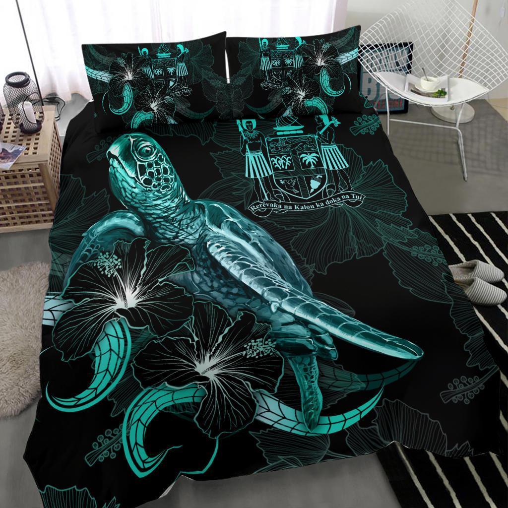 Fiji Polynesian Bedding Set - Turtle With Blooming Hibiscus Turquoise - Vibe Hoodie Shop