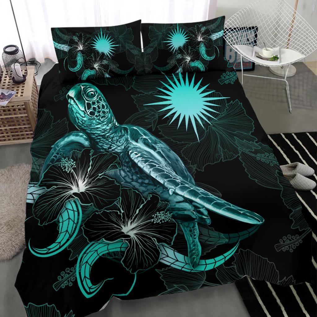 Marshall Islands Polynesian Bedding Set - Turtle With Blooming Hibiscus Turquoise - Vibe Hoodie Shop
