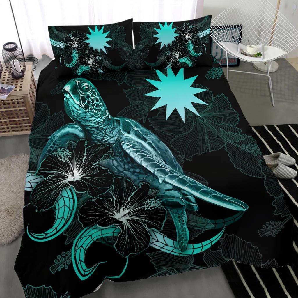 Nauru Polynesian Bedding Set - Turtle With Blooming Hibiscus Turquoise - Vibe Hoodie Shop