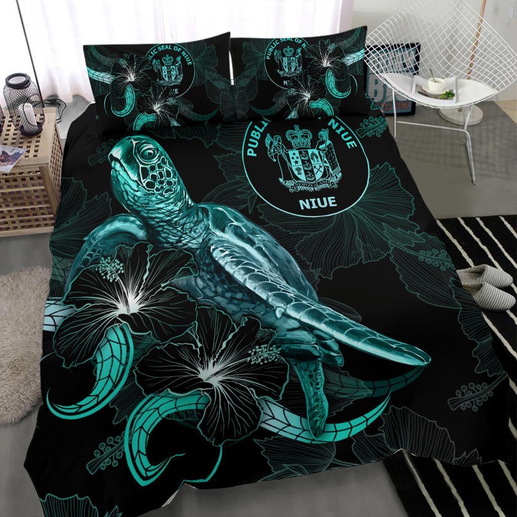 Niue Polynesian Bedding Set - Turtle With Blooming Hibiscus Turquoise - Vibe Hoodie Shop