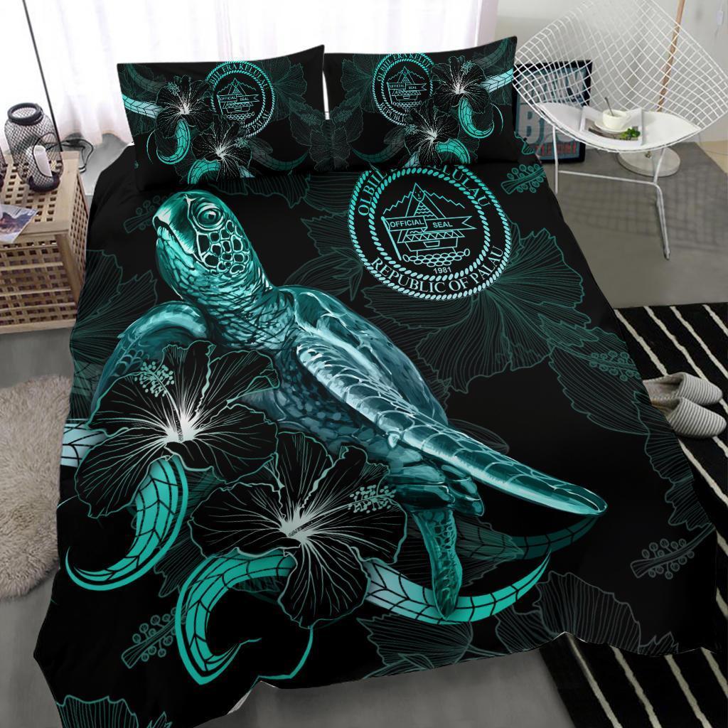 Palau Polynesian Bedding Set - Turtle With Blooming Hibiscus Turquoise - Vibe Hoodie Shop