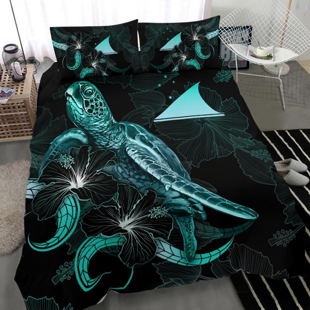Tokelau Polynesian Bedding Set - Turtle With Blooming Hibiscus Turquoise - Vibe Hoodie Shop