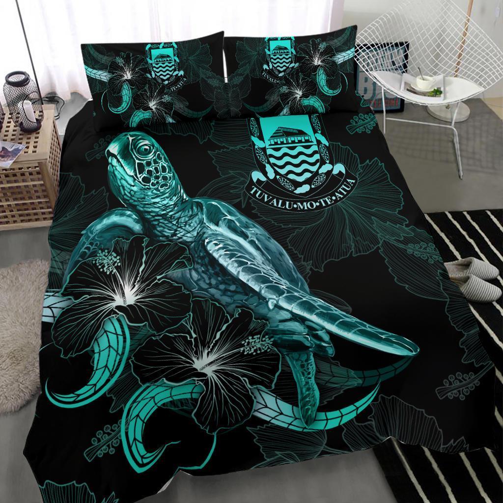 Tuvalu Polynesian Bedding Set - Turtle With Blooming Hibiscus Turquoise - Vibe Hoodie Shop