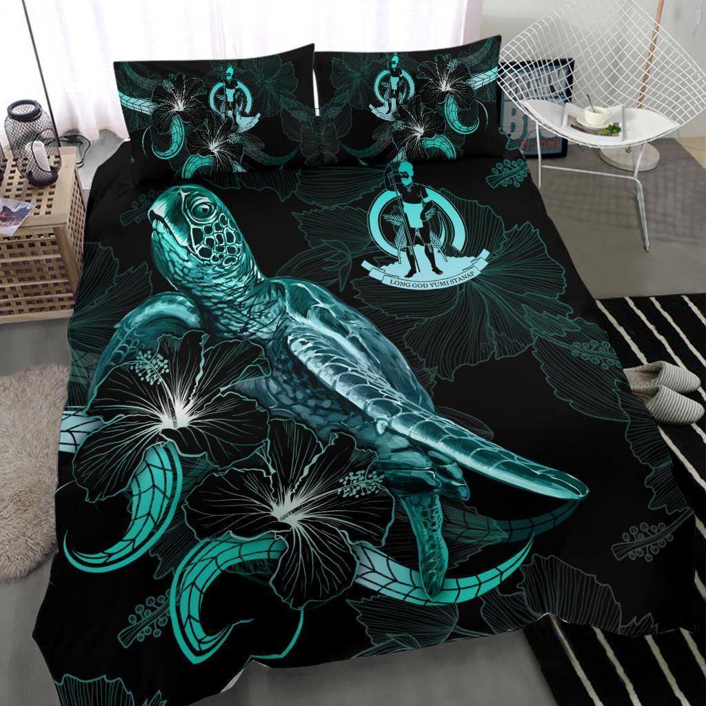 Vanuatu Polynesian Bedding Set - Turtle With Blooming Hibiscus Turquoise - Vibe Hoodie Shop