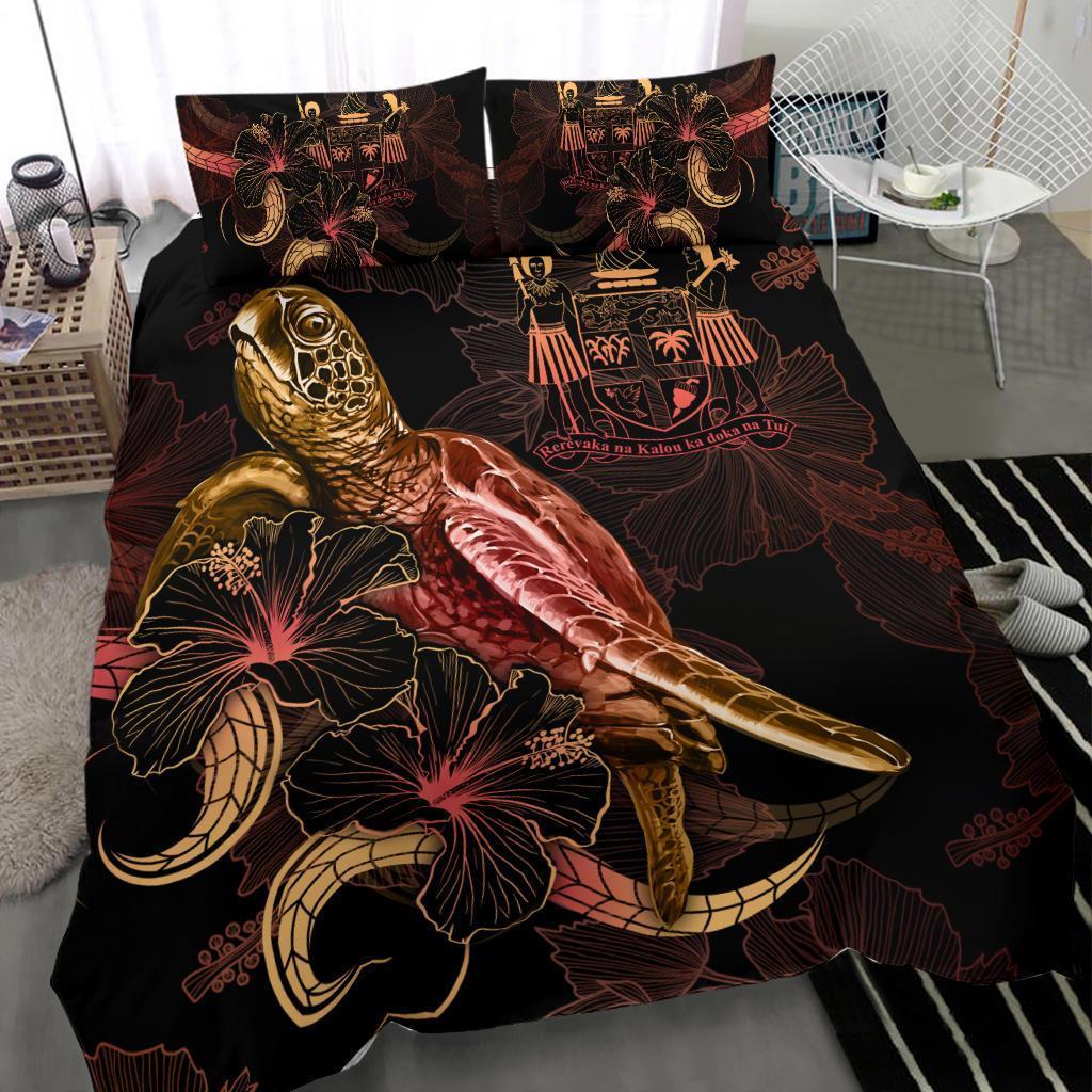 FiJi Polynesian Bedding Set - Turtle With Blooming Hibiscus Gold - Vibe Hoodie Shop