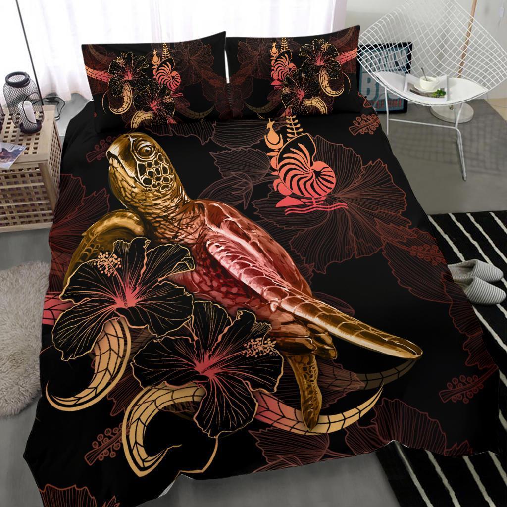 New Caledonia Polynesian Bedding Set - Turtle With Blooming Hibiscus Gold - Vibe Hoodie Shop