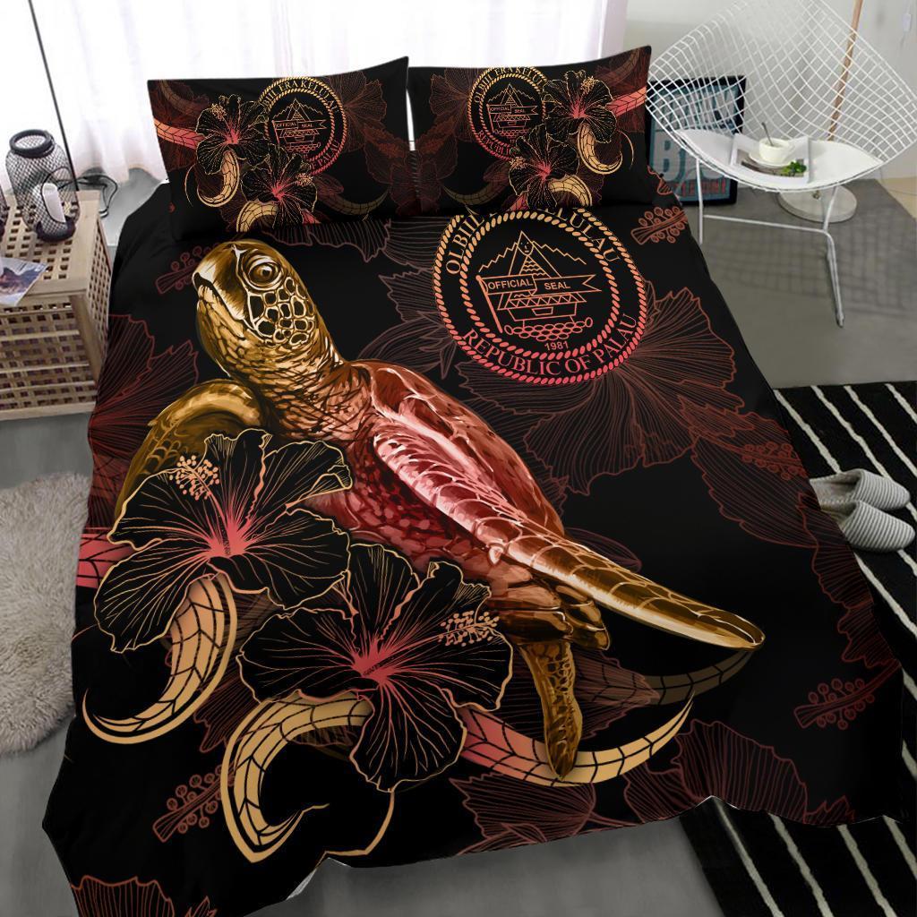 Palau Polynesian Bedding Set - Turtle With Blooming Hibiscus Gold - Vibe Hoodie Shop