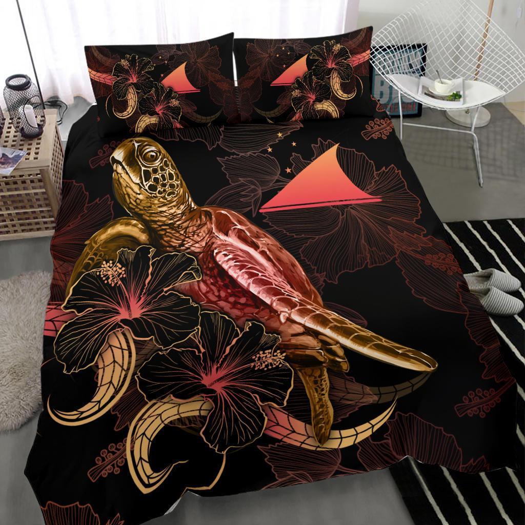 Tokelau Polynesian Bedding Set - Turtle With Blooming Hibiscus Gold - Vibe Hoodie Shop