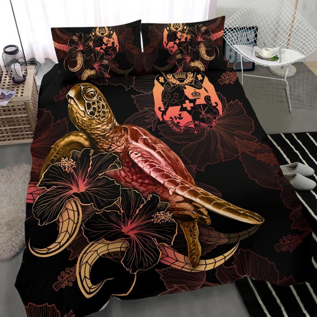 Tuvalu Polynesian Bedding Set - Turtle With Blooming Hibiscus Gold - Vibe Hoodie Shop