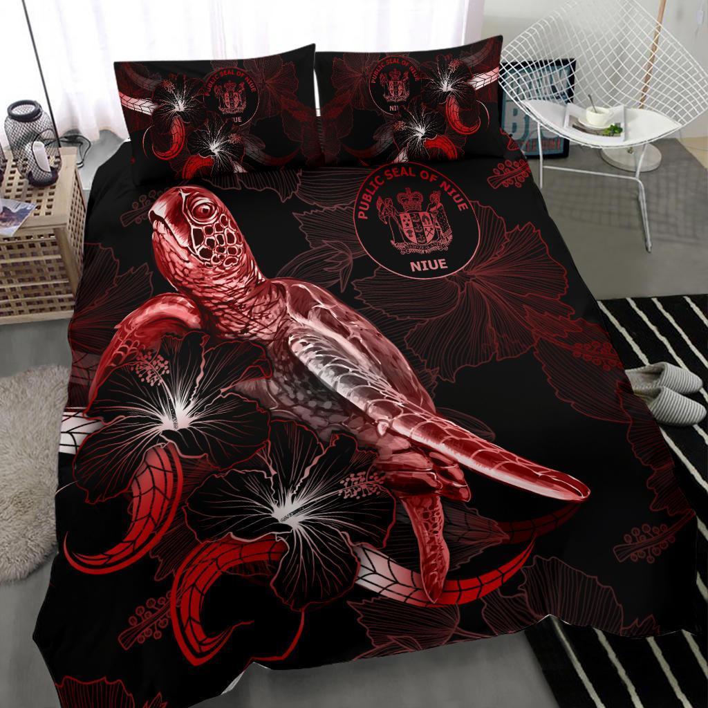 Niue Polynesian Bedding Set - Turtle With Blooming Hibiscus Red - Vibe Hoodie Shop