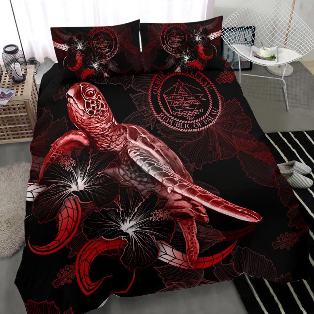 Palau Polynesian Bedding Set - Turtle With Blooming Hibiscus Red - Vibe Hoodie Shop