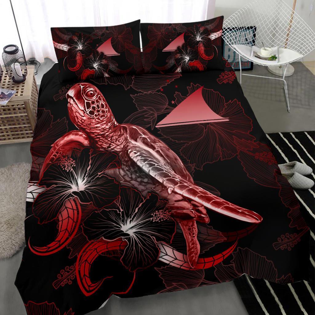 Tokelau Polynesian Bedding Set - Turtle With Blooming Hibiscus Red - Vibe Hoodie Shop