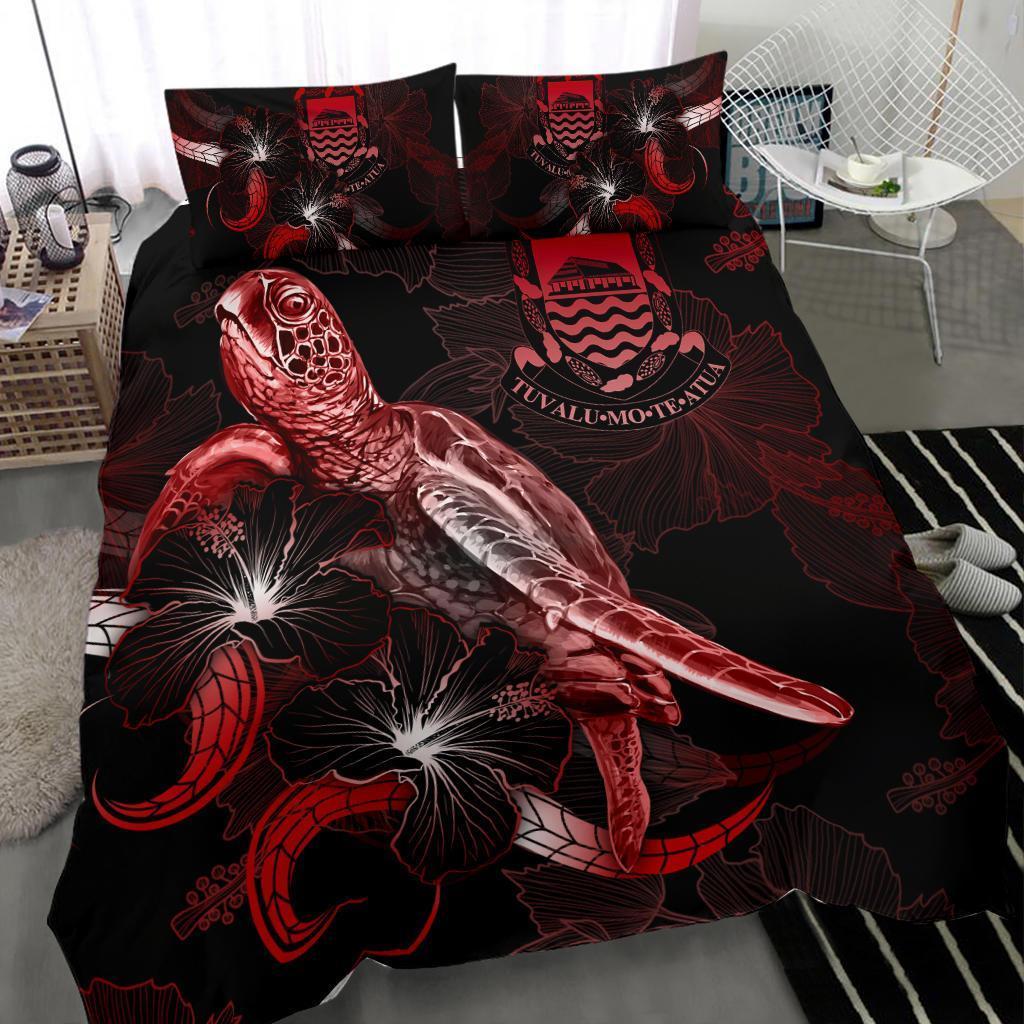 Tuvalu Polynesian Bedding Set - Turtle With Blooming Hibiscus Red - Vibe Hoodie Shop