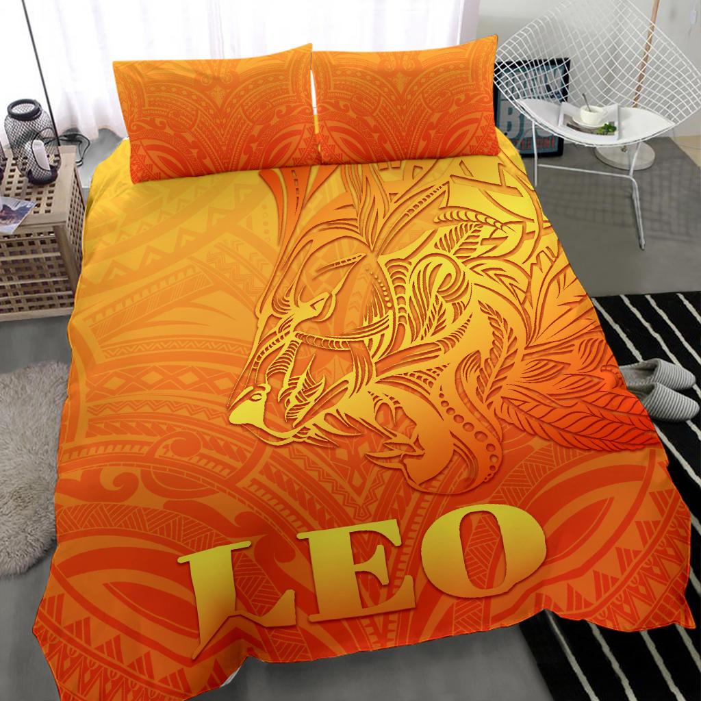 Sun In Leo Zodiac Bedding Set Polynesian Tattoo Simple - Orange - Vibe Hoodie Shop